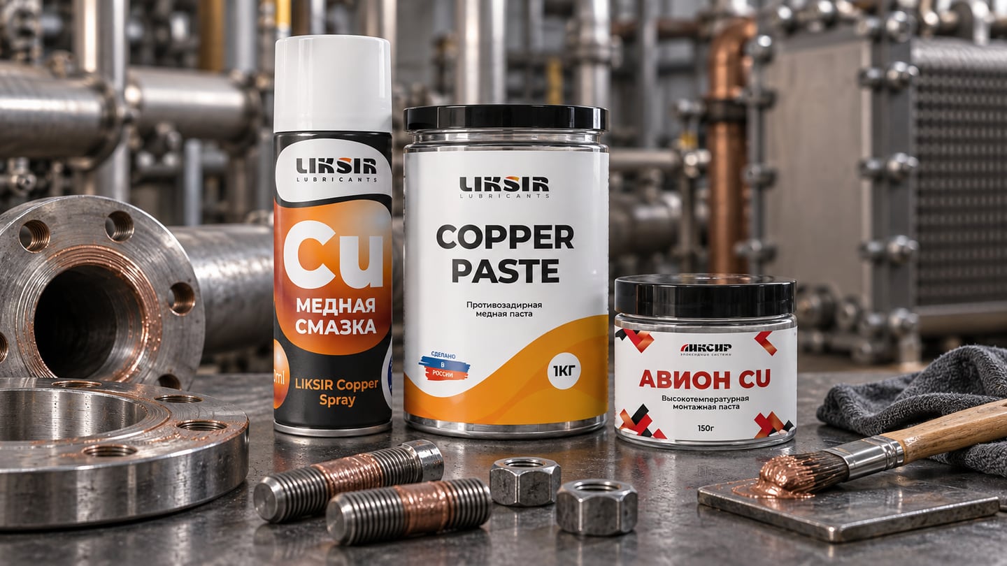 Медные смазки LIKSIR Copper Spray, COPPER PASTE и АВИОН CU рядом со стальным крепежом