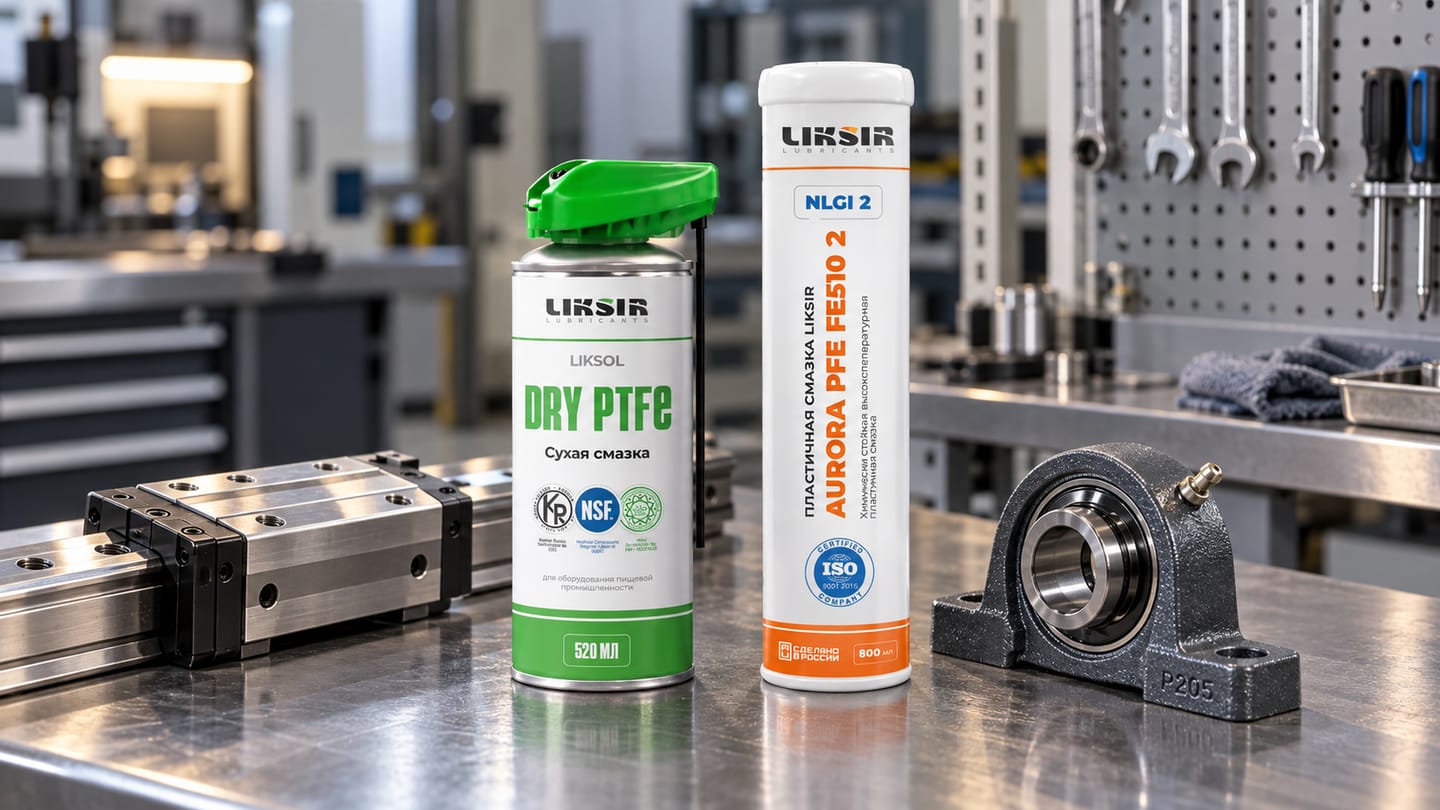 Сухая тефлоновая смазка LIKSOL DRY PTFE и пластичная LIKSIR AURORA PFE FE510 рядом с узлами трения